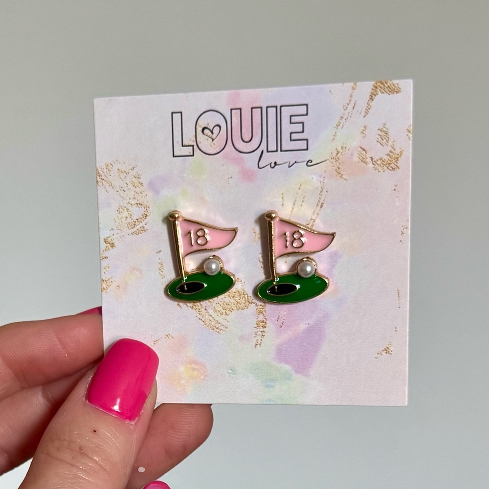 Pink and Gold GOLF Stud Earrings - Picture 2 of 4